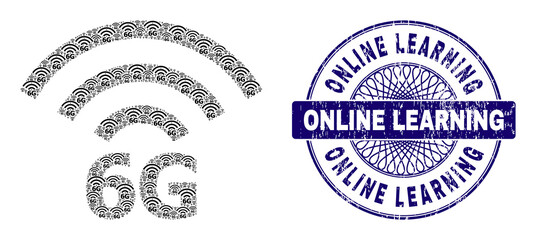 Obraz premium Recursive mosaic 6G radio source and Online Learning round rubber stamp. Blue stamp seal includes Online Learning title inside circle and guilloche decoration.