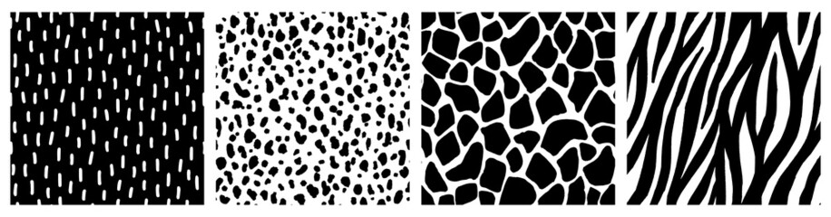 Set of animal skin vector patterns. Abstract black and white animal prints with hand painted brush strokes. Seamless abstract backgrounds and textures. 