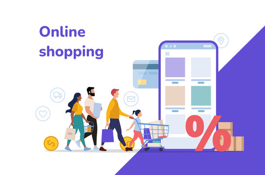 Online shopping vector illustration, flat design people with shopping carts and bags shopping on smartphone application