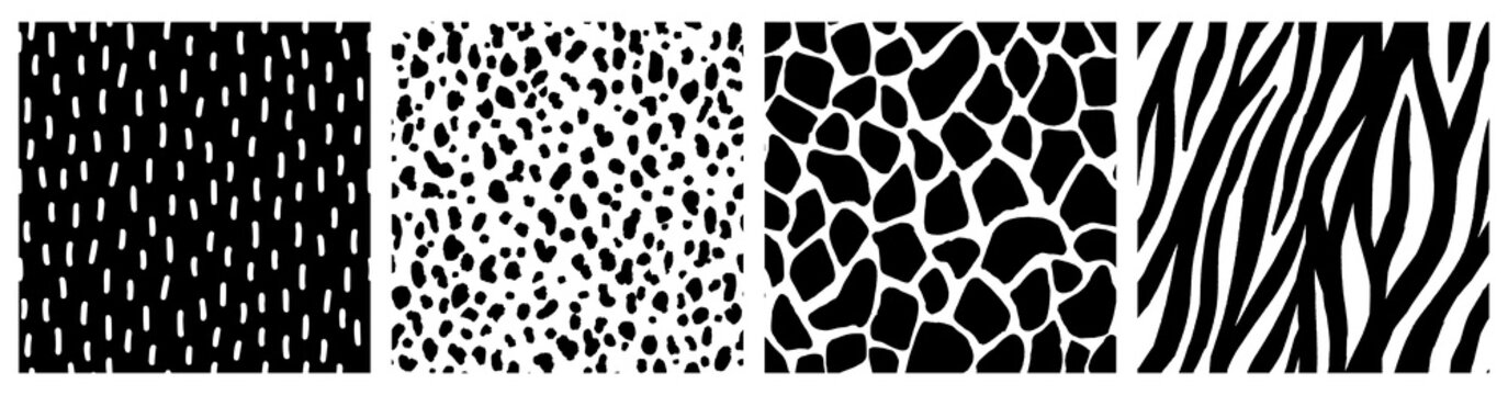 Set of animal skin vector patterns. Abstract black and white animal prints with hand painted brush strokes. Seamless abstract backgrounds and textures. 