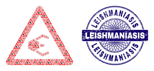 Recursion combination nanobot warning and Leishmaniasis round dirty stamp seal. Blue stamp seal includes Leishmaniasis tag inside circle and guilloche ornament.