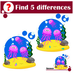 Educational game: Find differences. Cute jellyfish frolic on the seabed