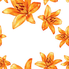 Watercolor seamless pattern with lily flowers in dewdrops. - 484745992