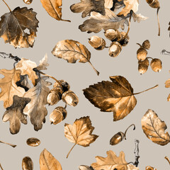 Acorns on an autumn oak branch, autumn leaves, seamless watercolor pattern. - 484746161