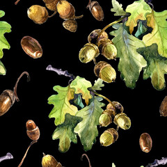 Acorns on an autumn oak branch, seamless watercolor pattern. - 484746377