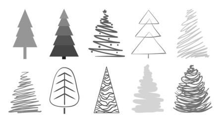 Obraz premium Christmas trees on white. Set for icons on isolated background. Geometric art. Objects for polygraphy, posters, t-shirts and textiles. Black and white illustration