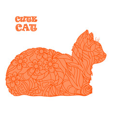 Cat on white. Hand drawn mosaic animal with tiled patterns on isolation background. Design for spiritual relaxation for adults. Doodle for banners, posters, t-shirts and textiles