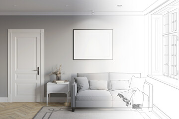 A sketch becomes a real gray room with a blank horizontal poster above a gray sofa near the window, a vase of flowers on a white bedside table near the door, a carpet on the parquet floor. 3d render