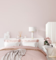 Interior of a pink bedroom with a bed against an empty wall