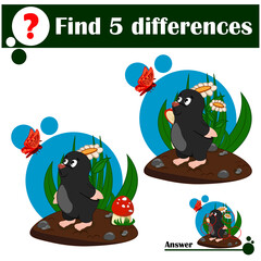 Educational game: Find differences. A cute mole looks at a red butterfly