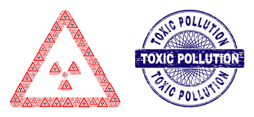 Obraz premium Recursion mosaic radioactivity warning and Toxic Pollution round dirty stamp print. Violet stamp includes Toxic Pollution caption inside circle and guilloche structure.
