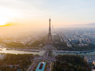 Establishing Aerial view of Paris Cityscape with Eiffel Tower and Seine river on sunrise, France. Landmark Monument as Famous Touristic Destination. Romantic Travel and Urban Skyline Panorama