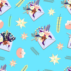 Naklejka premium Pattern with envelope with a bouquet of flower. Vector illustration isolated on pastel background. For prints, fabrics and packaging, shops, promotions, covers and brochures, flyers. 