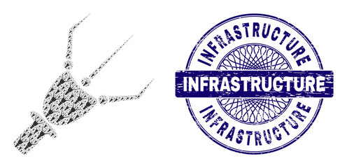 Fototapeta premium Recursive mosaic nanobot arm and Infrastructure round scratched stamp seal. Violet stamp seal includes Infrastructure tag inside circle and guilloche structure.