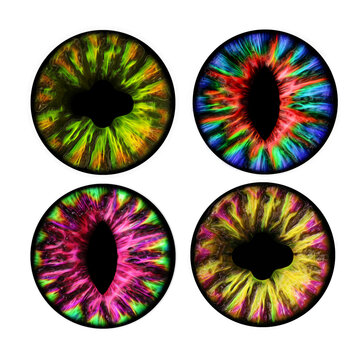 Fantasy eye set. Creative graphic design of a iris. Digital artwork of colourful eyes