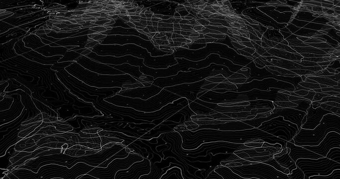 3D contour height map, engineer or geologist resource, survey map. White outline, topography of mountain range. 360 rotation, 4K loop
