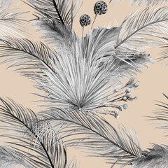 Botanical monochrome pattern with dry palm leaves collected in herbium on a beige background for textile and surface design