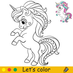 Coloring with template cute and funny little unicorn vector illustration