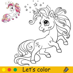 Coloring with template unicorn with pink long mane vector illustration © alinart