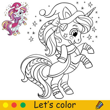 Coloring with template standing christmas unicorn vector illustration