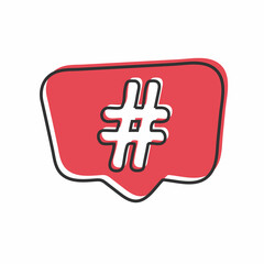 white hashtag icon in red speech bubble. concept of number sign, social media and web communicate. isolated on white background. flat style trendy modern vector illustration