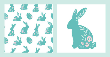 Easter bunnies and an egg are decorated flowers. Happy Easter. Hares sitting, seamless pattern and banner in flat style. Very Peri color
