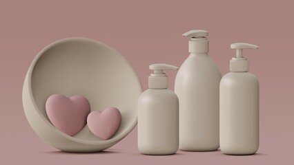 Beauty medical skincare cosmetic lotion cream mockup bottle packaging product. Blank bottles mockup with stylish colors. Minimal background cosmetic branding and packaging presentation. 3d render.
