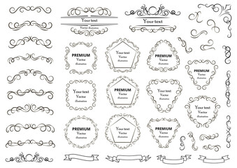 Calligraphic design elements . Decorative swirls or scrolls, vintage frames , flourishes, labels and dividers. Retro vector illustration