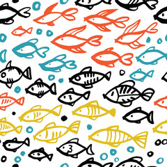 Naklejka premium Simple bright background with fish. The pattern is drawn with colored ink.