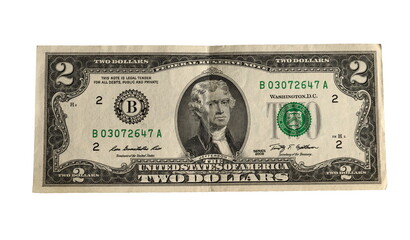 Two US dollars banknote on a white background, 2009 issue