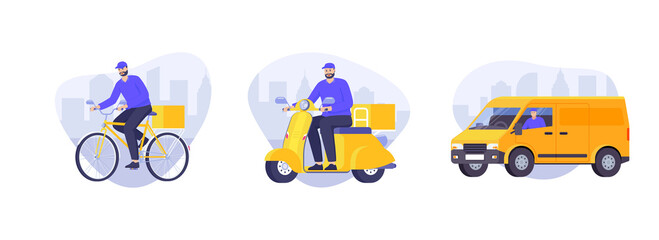 Fototapeta premium Bicycle, truck and scooter driver flat vector illustration. Delivery transport set isolated on white. Courier delivers parcel in the city. Collection of icons for website, banner, landing page