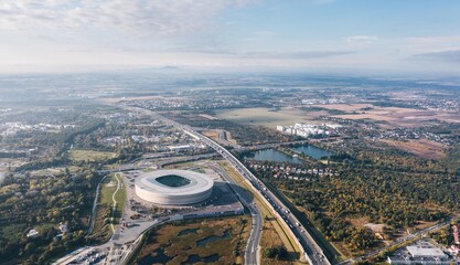 Aerial wide panoramic autumn view over Fabryczna district and city stadium in Wroclaw, Poland. 