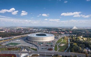 Aerial wide panoramic autumn view over Fabryczna district and city stadium (Arena Wroclaw) in...