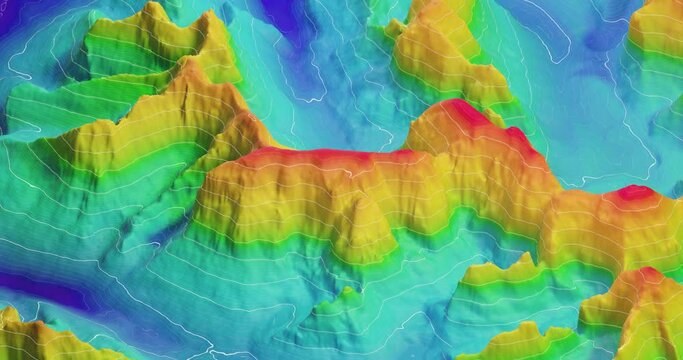 3D Topographic height map, 360 rotation of geology survey. Topographic cartography, contour map, 3D relief. abstract geographic resource map with mountains. 4K loop