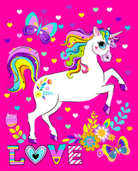 Illustration for t-shirts. Cartoon colorful cute unicorn for girl kids design. Girlish print