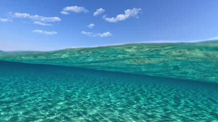 Fototapeta na wymiar Underwater split photo of paradise beach of Simos in island of Elafonisos, Lakonia, Greece
