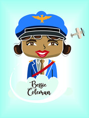 Cartoon style portrait of bessie coleman with a big funny head, with her name on a cloud and an old airplane behind and the sky on background