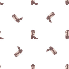 Cowboy boots with ornament seamless pattern. Wild west theme. Hand drawn colored trendy vector illustration on white background