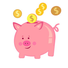 Vector piggy bank with falling coins .Icon illustration.Icon saving or accumulation of money.The concept of banking or business services. Flat style.