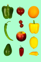 Vegetables and fruits flying on a mint background. Pepper, tomato, avocado, apple, lemon, orange. Pattern, vertical photo
