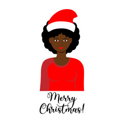 Black girl, African American woman with Christmas Santa hat. Vector illustration
