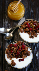Selective focus. Chocolate crunches with yogurt, cranberries and honey. Healthy breakfast or dessert. Keto diet.