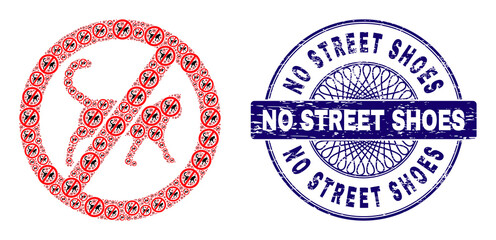 Recursion composition no cats and No Street Shoes round textured stamp seal. Violet stamp seal includes No Street Shoes caption inside circle and guilloche technique.