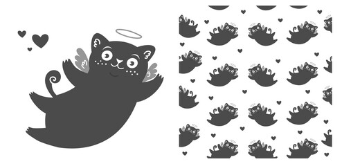 Cute vector set. The black cat cupid flies in the clouds, the kitten is an angel with wings and a halo. Set of clothes print and seamless pattern