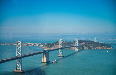 Aerial view of Bay Bridge in San Francisco on a clear sunny day, California
