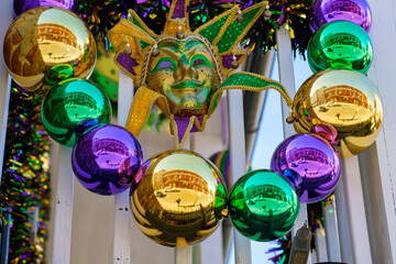 Closeup of Mardi Gras Decorations on Balcony in New Orleans, LA, USA