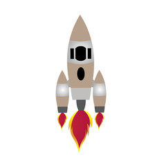 Grey and brown single flying rocket with red fire isolated on white. Vector illustration.