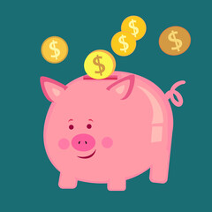 Vector piggy bank with falling coins .Icon illustration.Icon saving or accumulation of money.The concept of banking or business services. Flat style.