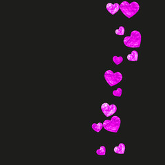 Valentine background with pink glitter hearts. February 14th day. Vector confetti for valentine background template. Grunge hand drawn texture. Love theme for poster, gift certificate, banner.
