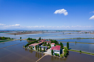 Aerial view paddy fields, flooded fields for rice cultivation in Italy